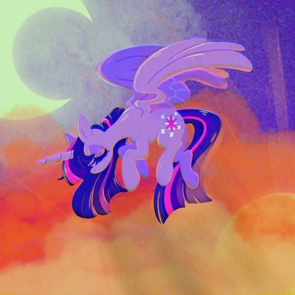 Size: 1200x1200 | Tagged: safe, artist:funkys0da, derpibooru import, twilight sparkle, twilight sparkle (alicorn), alicorn, pony, g4, cloud, colorful, crescent moon, cute, eyes closed, female, flying, image, mare, moon, png, sky, smiling, solo, spread wings, sun, sunset, twiabetes, twilight (astronomy), wings