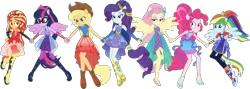 Size: 1583x565 | Tagged: safe, derpibooru import, edit, edited screencap, editor:pascalmulokozi2, screencap, applejack, fluttershy, pinkie pie, rainbow dash, rarity, sci-twi, sunset shimmer, twilight sparkle, human, equestria girls, g4, applejack's hat, background removed, clothes, cowboy hat, dress, equestria girls specials, hat, image, mane six, my little pony equestria girls: better together, my little pony equestria girls: rollercoaster of friendship, not a vector, outfit, outfits, png, ponied up, rainbow power, simple background, sparkles, transparent background