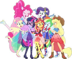 Size: 1265x1031 | Tagged: safe, derpibooru import, edit, edited screencap, editor:pascalmulokozi2, screencap, applejack, fluttershy, pinkie pie, rainbow dash, rarity, sci-twi, sunset shimmer, twilight sparkle, human, equestria girls, g4, applejack's hat, boots, clothes, cowboy hat, dress, equestria girls specials, group, group hug, happy, hat, hug, image, mane six, my little pony equestria girls: forgotten friendship, not a vector, outfit, outfits, png, ponied up, rainbow power, shoes, simple background, smiling, transparent background