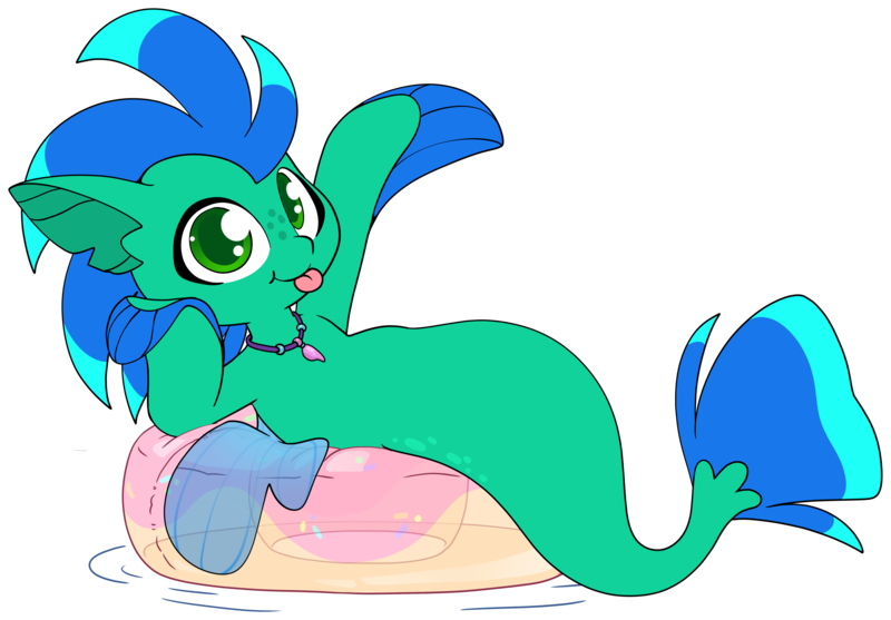 Size: 5465x3806 | Tagged: safe, artist:cutepencilcase, derpibooru import, oc, unofficial characters only, seapony (g4), :p, commission, donut, food, image, inner tube, looking at you, png, pool toy, simple background, smiling, smiling at you, solo, tongue out, transparent background, ych result