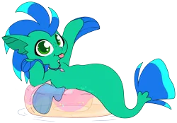 Size: 5465x3806 | Tagged: safe, artist:cutepencilcase, derpibooru import, oc, unofficial characters only, seapony (g4), :p, commission, donut, food, image, inner tube, looking at you, png, pool toy, simple background, smiling, smiling at you, solo, tongue out, transparent background, ych result