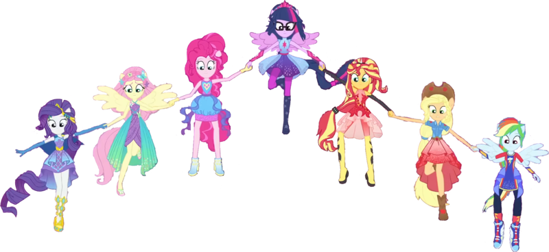 Size: 1987x915 | Tagged: safe, derpibooru import, edit, edited screencap, editor:pascalmulokozi2, screencap, applejack, fluttershy, pinkie pie, rainbow dash, rarity, sci-twi, sunset shimmer, twilight sparkle, human, equestria girls, g4, applejack's hat, background removed, boots, clothes, cowboy hat, equestria girls specials, hat, holding hands, image, mane six, my little pony equestria girls: forgotten friendship, not a vector, outfit, outfits, png, ponied up, rainbow power, shoes, simple background, transparent background