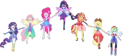 Size: 1987x915 | Tagged: safe, derpibooru import, edit, edited screencap, editor:pascalmulokozi2, screencap, applejack, fluttershy, pinkie pie, rainbow dash, rarity, sci-twi, sunset shimmer, twilight sparkle, human, equestria girls, g4, applejack's hat, background removed, boots, clothes, cowboy hat, equestria girls specials, hat, holding hands, image, mane six, my little pony equestria girls: forgotten friendship, not a vector, outfit, outfits, png, ponied up, rainbow power, shoes, simple background, transparent background