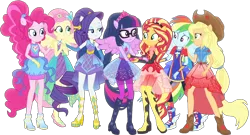 Size: 1540x834 | Tagged: safe, derpibooru import, edit, edited screencap, editor:pascalmulokozi2, screencap, applejack, fluttershy, pinkie pie, rainbow dash, rarity, sci-twi, sunset shimmer, twilight sparkle, human, equestria girls, g4, applejack's hat, background removed, clothes, cowboy hat, equestria girls specials, hat, image, mane six, my little pony equestria girls: forgotten friendship, not a vector, png, ponied up, rainbow power, simple background, smiling, transparent background, worried