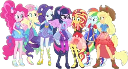 Size: 1530x835 | Tagged: safe, derpibooru import, edit, edited screencap, editor:pascalmulokozi2, screencap, applejack, fluttershy, pinkie pie, rainbow dash, rarity, sci-twi, sunset shimmer, twilight sparkle, human, equestria girls, g4, background removed, equestria girls specials, humane five, humane seven, humane six, image, mane six, my little pony equestria girls: better together, my little pony equestria girls: forgotten friendship, not a vector, png, simple background, transparent background