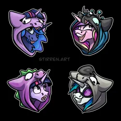 Size: 1640x1640 | Tagged: safe, artist:stirren, derpibooru import, octavia melody, princess cadance, princess luna, queen chrysalis, spike, vinyl scratch, pony, g4, bust, clothes, hoodie, image, png, ponysuit, portrait