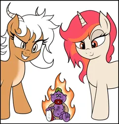 Size: 1444x1500 | Tagged: safe, artist:winter wye, oc, oc:cookie kiln, oc:piping hot, unofficial characters only, dracony, hybrid, pony, unicorn, baby, baby troll, burning, female, fire, image, lidded eyes, mare, pale belly, png, simple background, white background