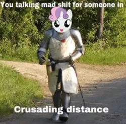 Size: 1170x1150 | Tagged: safe, artist:taidanastrike, derpibooru import, edit, sweetie belle, anthro, human, pony, unicorn, g4, armor, crusader, fantasy class, female, filly, foal, horn, humanized, image, jpeg, knight, meme, my little pony, paladin, sword, vulgar, warrior, weapon