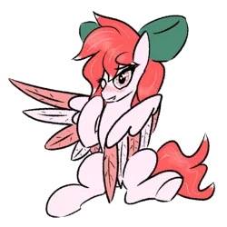 Size: 1700x1700 | Tagged: suggestive, artist:anonymous, oc, oc:peppermint preen, unofficial characters only, pony, bedroom eyes, bow, covering crotch, female, hair bow, image, looking at you, mane bow, mare, png, simple background, sitting, solo, transparent background, underhoof, wing hands, wings