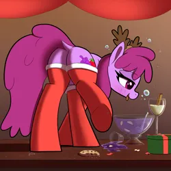 Size: 2000x2000 | Tagged: suggestive, artist:maretian, ponerpics import, berry punch, berryshine, earth pony, pony, antlers, clothes, crumbs, drunk, drunk bubbles, eggnog, female, image, lidded eyes, mare, png, present, punch, punch (drink), punch bowl, socks, table