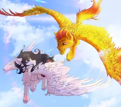 Size: 1970x1740 | Tagged: safe, artist:stoopf, derpibooru import, oc, oc:dexstar, oc:dream weaver, unofficial characters only, pegasus, pony, angelic wings, chest fluff, cloud, duo, flying, image, large wings, lens flare, looking at each other, looking at someone, male, png, sky, stallion, sun, wings