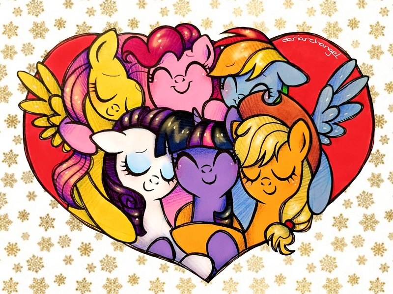 Size: 3000x2248 | Tagged: safe, artist:dariarchangel, derpibooru import, applejack, fluttershy, pinkie pie, rainbow dash, rarity, twilight sparkle, earth pony, pegasus, pony, unicorn, g4, ^^, adorable face, applejack's hat, bangs, best friends, blonde, blonde hair, blonde mane, blue coat, blue eyeshadow, bust, c:, cowboy hat, curly hair, curly mane, cute, cute face, cute smile, daaaaaaaaaaaw, dariarchangel is trying to murder us, dashabetes, diapinkes, eyes closed, eyeshadow, female, floppy ears, freckles, friends, group, group hug, group picture, group shot, hair tie, hat, heart, heartwarming, hnnng, horn, hug, image, jackabetes, jpeg, long hair, long mane, makeup, mane six, mane tie, mare, multicolored hair, multicolored mane, orange coat, pegasus wings, pink coat, pink hair, pink mane, portrait, purple coat, purple hair, purple mane, rainbow hair, raribetes, sextet, shyabetes, smiling, snow, snowflake, spread wings, stetson, straight hair, straight mane, sweet dreams fuel, three toned mane, three toned tail, tied hair, tied mane, too cute, traditional art, twiabetes, unicorn twilight, wavy hair, wavy mane, weapons-grade cute, white coat, wings, yellow coat