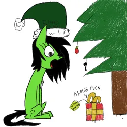 Size: 1100x1100 | Tagged: safe, derpibooru import, oc, oc:anonfilly, unofficial characters only, pony, christmas, christmas tree, faggot, female, filly, fuck, gasp, holiday, image, open mouth, png, present, simple background, sitting, slur, surprised, tree, vulgar, white background