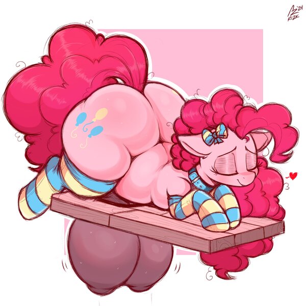 Size: 4000x4000 | Tagged: questionable, artist:aer0 zer0, derpibooru import, pinkie pie, earth pony, pony, g4, absurd resolution, areola, balloonbutt, big crotchboobs, bow, butt, clothes, collar, crotchboobs, dark crotchboobs, eyes closed, floating heart, hair bow, hanging crotchboobs, heart, huge butt, huge crotchboobs, image, impossibly large crotchboobs, jpeg, large butt, lying down, nipples, nudity, passepartout, plot, prone, socks, sploot, striped socks, sweat, thighs, thunder thighs