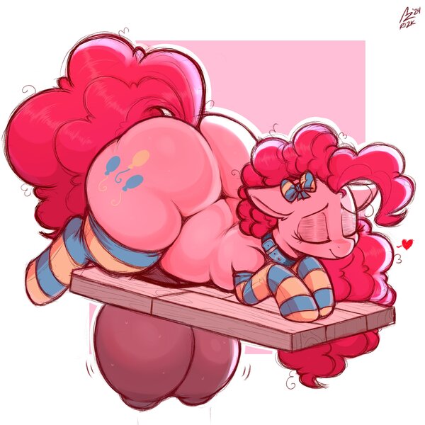 Size: 4000x4000 | Tagged: questionable, alternate version, artist:aer0 zer0, derpibooru import, pinkie pie, earth pony, pony, g4, absurd resolution, areola, balloonbutt, big crotchboobs, bow, butt, clothes, collar, crotchboobs, dark crotchboobs, eyes closed, floating heart, hair bow, hanging crotchboobs, heart, huge butt, huge crotchboobs, image, impossibly large crotchboobs, jpeg, large butt, lying down, nipples, nudity, passepartout, plot, prone, socks, sploot, striped socks, sweat, thighs, thunder thighs