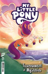 Size: 1988x3056 | Tagged: safe, derpibooru import, idw, official, sunny starscout, alicorn, pony, comic:tournament of mysteries, g5, my little pony: a new generation, artificial horn, artificial wings, augmented, comic cover, cover, cover art, female, flying, horn, image, magic, magic horn, magic wings, mare, my little pony logo, official comic, png, race swap, solo, spread wings, sunnycorn, unshorn fetlocks, wings