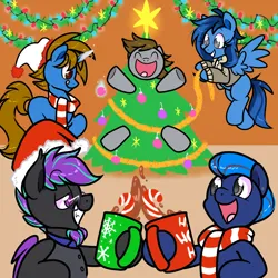 Size: 1800x1800 | Tagged: safe, artist:paperbagpony, derpibooru import, oc, unofficial characters only, christmas, christmas lights, christmas tree, clothes, hat, holiday, image, ornaments, png, santa hat, scarf, tree