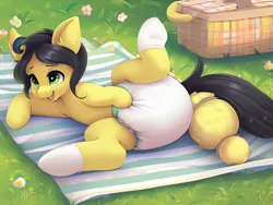 Size: 1024x768 | Tagged: safe, artist:bitter sweetness, derpibooru import, oc, oc:bitter sweetness, unofficial characters only, unicorn, abdl, adult foal, clothes, diaper, diaper fetish, fetish, horn, image, non-baby in diaper, open mouth, open smile, picnic, png, poofy diaper, smiling, socks, solo