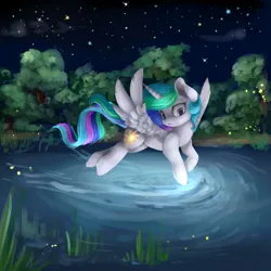 Size: 3000x3000 | Tagged: safe, artist:katemaximova, derpibooru import, princess celestia, alicorn, firefly (insect), insect, pony, g4, female, flying, forest, horn, image, jpeg, mare, nature, night, night sky, outdoors, sky, solo, spread wings, tree, water, wings