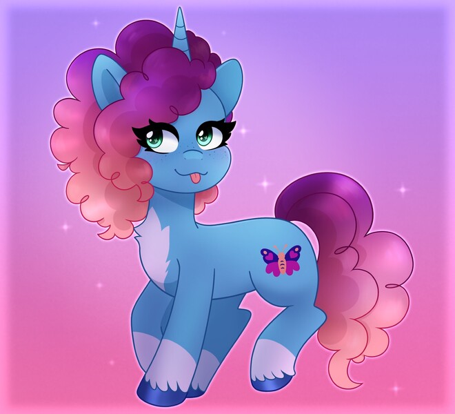 Size: 2000x1817 | Tagged: safe, artist:emera33, derpibooru import, pony, unicorn, g5, cute, eye clipping through hair, female, gradient background, horn, image, jpeg, lidded eyes, mare, misty brightdawn, mistybetes, rebirth misty, solo, standing on two hooves, tongue out