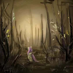 Size: 3000x3000 | Tagged: safe, artist:katemaximova, derpibooru import, fluttershy, pegasus, pony, g4, dark, female, folded wings, forest, image, jpeg, mare, nature, outdoors, scenery, solo, tree, wings