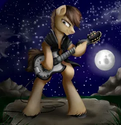 Size: 3000x3100 | Tagged: safe, artist:katemaximova, derpibooru import, oc, unofficial characters only, earth pony, pony, semi-anthro, arm hooves, bipedal, clothes, electric guitar, guitar, high res, hoof hold, image, jpeg, male, moon, musical instrument, night, outdoors, solo, stallion, unshorn fetlocks