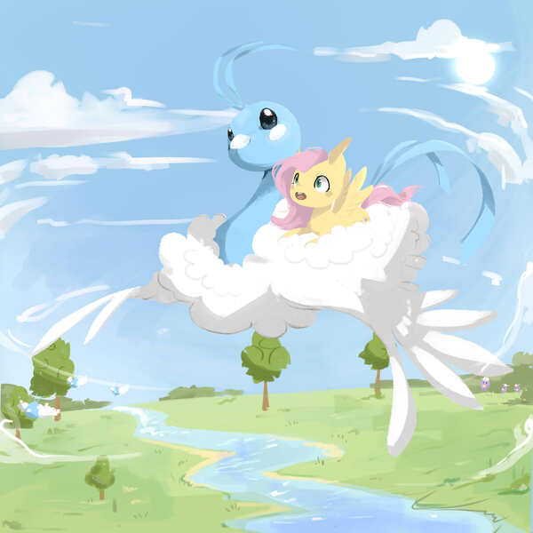 Size: 3000x3000 | Tagged: safe, artist:katemaximova, derpibooru import, fluttershy, altaria, pegasus, pony, g4, cloud, crossover, flying, grass, image, jpeg, lying down, lying on a cloud, on a cloud, open mouth, outdoors, pokémon, prone, river, sky, spread wings, sun, tree, water, wings