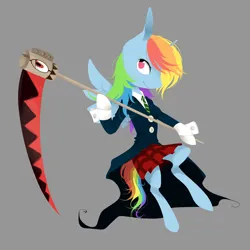 Size: 3000x3000 | Tagged: safe, artist:katemaximova, derpibooru import, rainbow dash, pegasus, pony, g4, clothes, cosplay, costume, crossover, female, image, jpeg, looking at you, maka albarn, mare, scythe, simple background, skirt, smiling, smiling at you, solo, soul eater