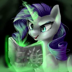 Size: 3000x3000 | Tagged: safe, artist:katemaximova, derpibooru import, rarity, pony, unicorn, g4, book, dark magic, female, glow, glowing horn, horn, image, inspirarity, jpeg, magic, magic aura, mare, open mouth, possessed, possession, reading, solo