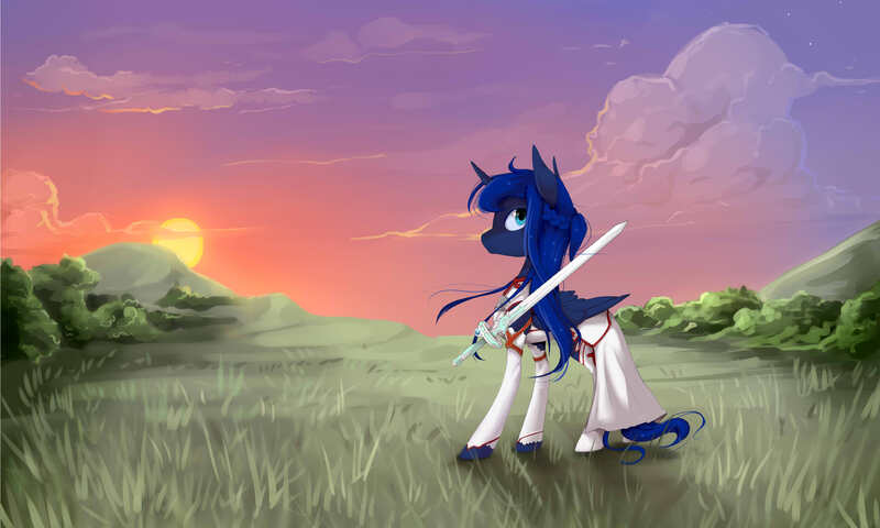 Size: 3000x1800 | Tagged: safe, artist:katemaximova, derpibooru import, princess luna, alicorn, pony, g4, alternate hairstyle, clothes, cloud, cosplay, costume, crossover, female, folded wings, grass, image, jpeg, mare, outdoors, sky, solo, sun, sword, sword art online, weapon, wings, yuuki asuna