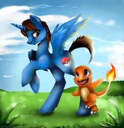 Size: 3000x3100 | Tagged: safe, artist:katemaximova, derpibooru import, oc, unofficial characters only, alicorn, charmander, pony, cloud, grass, high res, horn, image, jpeg, outdoors, pokémon, sky, spread wings, wings