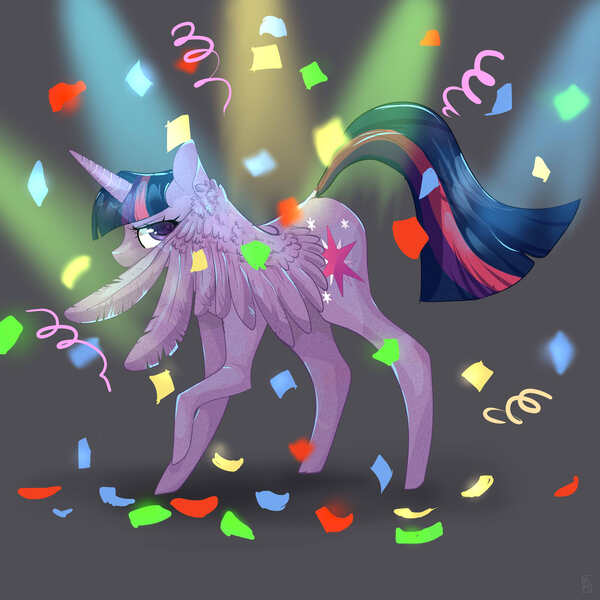 Size: 3000x3000 | Tagged: safe, artist:katemaximova, derpibooru import, twilight sparkle, twilight sparkle (alicorn), alicorn, pony, g4, trade ya, confetti, covering, female, hiding behind wing, horn, image, jpeg, looking at you, mare, my little pony, nervous, peeking, raised hoof, scene interpretation, shy, solo, trade ya!, wings