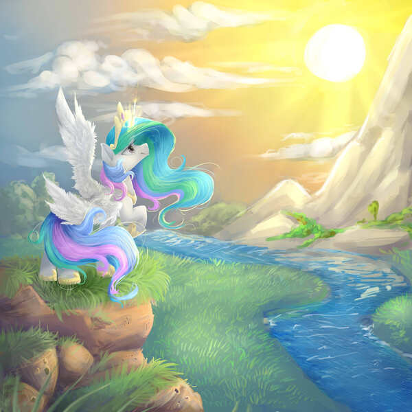 Size: 3000x3000 | Tagged: safe, artist:katemaximova, derpibooru import, princess celestia, alicorn, pony, g4, cloud, crown, female, glow, glowing horn, grass, hoof shoes, horn, image, jewelry, jpeg, magic, mare, mountain, outdoors, peytral, princess shoes, raised hoof, raising the sun, regalia, river, scenery, sky, solo, spread wings, sun, water, wings