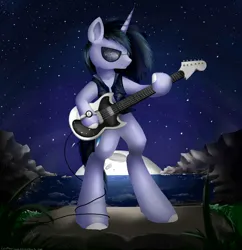 Size: 3000x3100 | Tagged: safe, artist:katemaximova, derpibooru import, oc, unofficial characters only, pony, semi-anthro, unicorn, arm hooves, bipedal, clothes, electric guitar, guitar, high res, hoof hold, horn, image, jpeg, male, moon, musical instrument, night, outdoors, solo, stallion, sunglasses