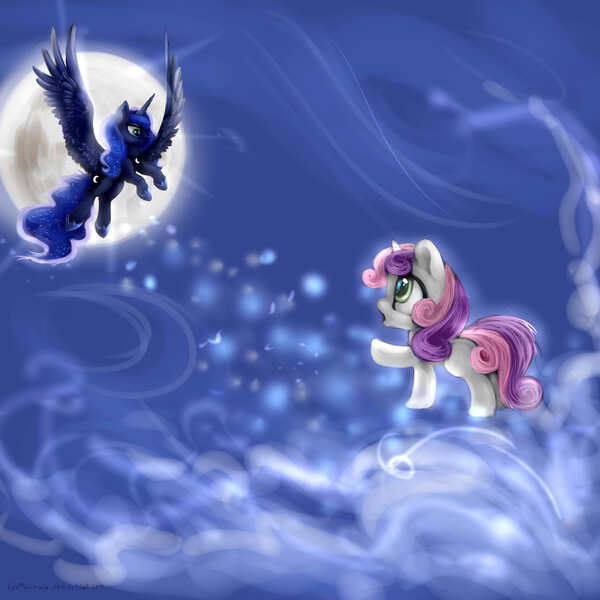 Size: 3000x3000 | Tagged: safe, artist:katemaximova, derpibooru import, princess luna, sweetie belle, alicorn, pony, unicorn, g4, blank flank, duo, duo female, female, filly, foal, full moon, high res, horn, image, jpeg, looking at each other, looking at someone, mare, moon, spread wings, wings