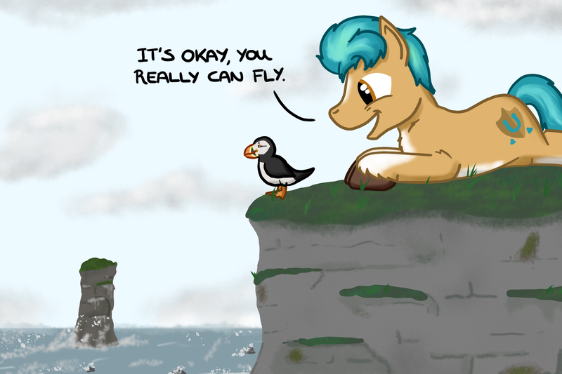 Size: 1800x1200 | Tagged: safe, artist:hoofclid, derpibooru import, hitch trailblazer, bird, earth pony, pony, puffin, g5, cliff, dialogue, image, lying down, male, ocean, open mouth, open smile, png, prone, smiling, sploot, stallion, water