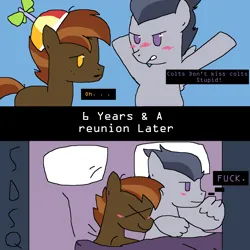 Size: 2048x2048 | Tagged: safe, artist:sdsq, derpibooru import, button mash, rumble, earth pony, pegasus, pony, g4, bed, blushing, colt, cuddling, denial's not just a river in egypt, derpibooru exclusive, duo, duo male, foal, gay, image, male, png, ship:rumblemash, shipping, stallion