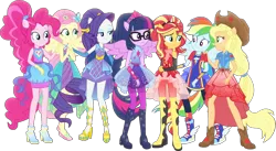 Size: 1533x843 | Tagged: safe, derpibooru import, edit, edited screencap, editor:pascalmulokozi2, screencap, applejack, fluttershy, pinkie pie, rainbow dash, rarity, sci-twi, sunset shimmer, twilight sparkle, human, equestria girls, g4, applejack's hat, background removed, boots, clothes, cowboy hat, equestria girls specials, hat, humane five, humane seven, humane six, image, magical geodes, my little pony equestria girls: forgotten friendship, not a vector, outfit, outfits, png, ponied up, shoes, simple background, transparent background