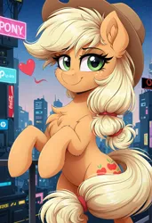 Size: 1840x2688 | Tagged: safe, ai content, generator:zoinksnoob, machine learning generated, prompter:kusya ponk, prompter:midnightdashie, stable diffusion, applejack, earth pony, pony, g4, bipedal, city, female, hat, heart, image, jpeg, looking at you, mare, night, smiling, solo