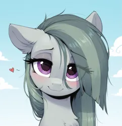 Size: 1355x1401 | Tagged: safe, ai content, generator:zoinksnoob, machine learning generated, prompter:ramprover, marble pie, earth pony, pony, g4, blushing, bust, chest fluff, cute, ear fluff, eye clipping through hair, female, heart, image, lidded eyes, looking at you, mare, png, portrait, solo