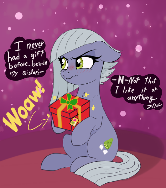 Size: 1700x1924 | Tagged: safe, artist:local sugar provider, derpibooru import, limestone pie, earth pony, pony, g4, blush lines, blushing, cute, denial, derpibooru exclusive, female, flustered, frown, gift wrapped, hearth's warming eve, image, limabetes, limetsun pie, looking away, mare, png, present, scrunchy face, solo, solo female, sparkles, speech bubble, talking, talking to viewer, text, tsundere