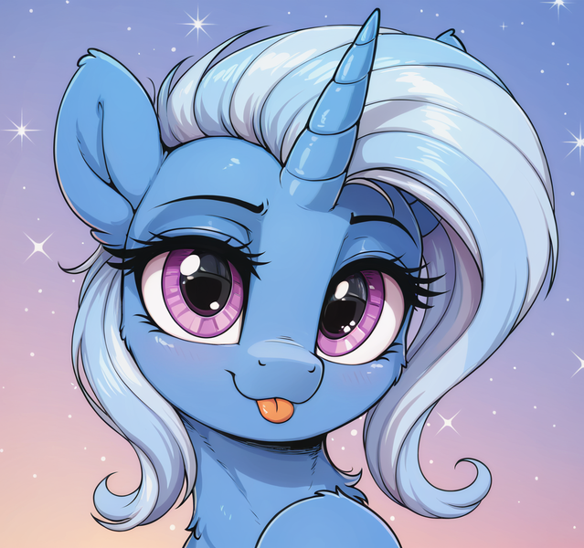 Size: 1141x1072 | Tagged: safe, ai content, generator:zoinksnoob, machine learning generated, prompter:ramprover, trixie, pony, unicorn, g4, bust, cute, female, horn, image, looking at you, mare, png, portrait, simple background, solo, tongue out