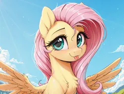 Size: 1376x1043 | Tagged: safe, ai content, generator:zoinksnoob, machine learning generated, prompter:ramprover, fluttershy, pegasus, pony, g4, cute, female, image, looking at you, mare, png, solo, solo female, tongue out, wings