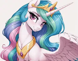 Size: 1602x1248 | Tagged: safe, ai content, generator:zoinksnoob, machine learning generated, prompter:ramprover, princess celestia, alicorn, pony, g4, female, head tilt, image, looking at you, mare, png, simple background, smiling at you, solo, wings