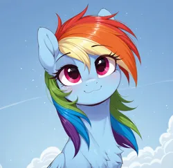 Size: 1152x1120 | Tagged: safe, ai content, generator:zoinksnoob, machine learning generated, prompter:ramprover, rainbow dash, pegasus, pony, g4, bust, chest fluff, cute, female, image, looking up, mare, png, portrait, sky, smiling, solo, wings