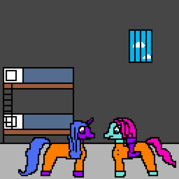 Size: 1024x1024 | Tagged: safe, artist:yujinevrean, derpibooru import, izzy moonbow, earth pony, pony, unicorn, g5, bed, bunk bed, clothes, cloud, digital art, duo, female, horn, image, jail, jail cell, jazz has no ears, jazz hooves, jumpsuit, mare, never doubt rainbowdash69's involvement, no ears, pillow, pixel art, png, prison, prison outfit