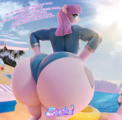 Size: 1929x1897 | Tagged: suggestive, alternate version, artist:snuddy, paywalled source, ponerpics import, maud pie, anthro, earth pony, plantigrade anthro, g4, 3d, alternate character, beach, boulder buns, breasts, butt, clothes, crepuscular rays, dialogue, eyeshadow, female, huge butt, hyper, hyper butt, image, impossibly large butt, large butt, lidded eyes, looking at you, looking back, looking back at you, makeup, no tail, outdoors, patreon, patreon logo, paywall content, png, solo, solo female, swimsuit, the ass was fat, thighs, thunder thighs, tight clothing, watermark