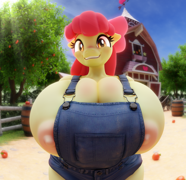 Size: 3001x2918 | Tagged: questionable, alternate version, artist:snuddy, paywalled source, ponerpics import, apple bloom, anthro, earth pony, g4, 3d, alternate character, apple, big breasts, big nipples, blender, braless, breasts, busty apple bloom, clothes, crepuscular rays, erect nipples, female, food, huge breasts, hyper, hyper breasts, image, impossibly large breasts, looking at you, naked overalls, nipple outline, nipples, no underwear, nudity, older, older apple bloom, outdoors, overalls, patreon, patreon logo, paywall content, png, smiling, smiling at you, solo, solo female, watermark