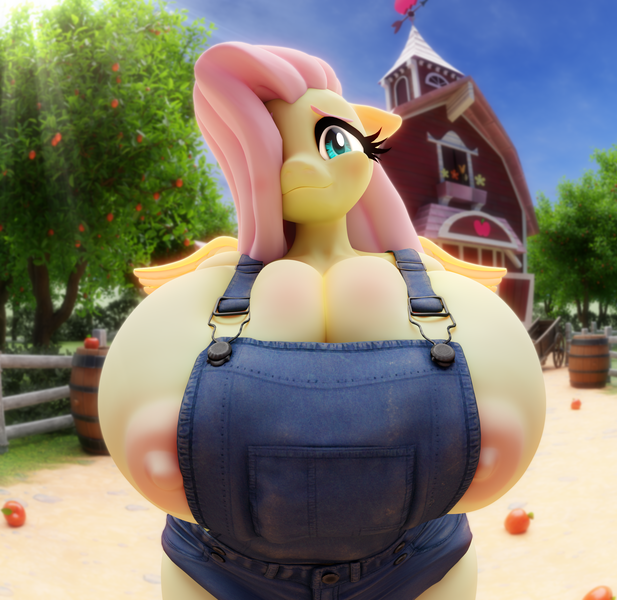 Size: 3001x2918 | Tagged: questionable, alternate version, artist:snuddy, paywalled source, ponerpics import, fluttershy, anthro, pegasus, g4, 3d, alternate character, apple, big breasts, big nipples, blender, braless, breasts, busty fluttershy, clothes, crepuscular rays, erect nipples, female, floating wings, food, huge breasts, hyper, hyper breasts, image, impossibly large breasts, looking at you, naked overalls, nipple outline, nipples, no underwear, nudity, outdoors, overalls, patreon, patreon logo, paywall content, png, smiling, smiling at you, solo, solo female, watermark, wings