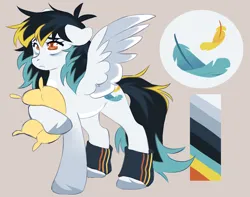 Size: 2048x1613 | Tagged: safe, alternate version, artist:cheekipone, ponerpics import, oc, oc:feather fall, unofficial characters only, pegasus, pony, bags under eyes, brown background, coat markings, color palette, cutie mark, female, floppy ears, hug, image, leg warmers, mare, pegasus oc, pillow, pillow hug, png, reference sheet, sad, simple background, solo, spread wings, standing, standing on three hooves, three toned mane, three toned tail, three toned wings, unshorn fetlocks, wings